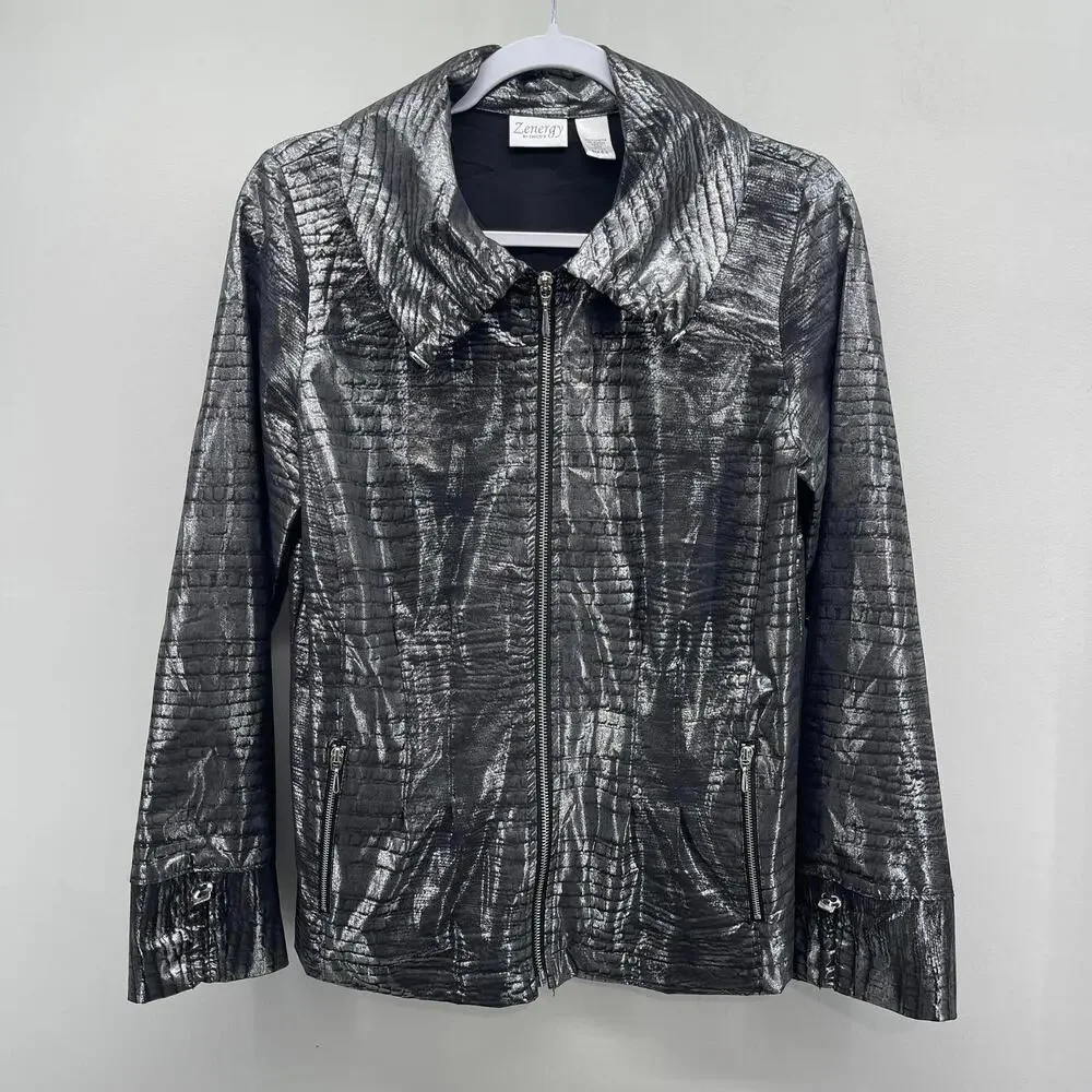 Chicos Zenergy Metallic‎ Jacket Womens XS Silver Full Zip Lightweight Casual